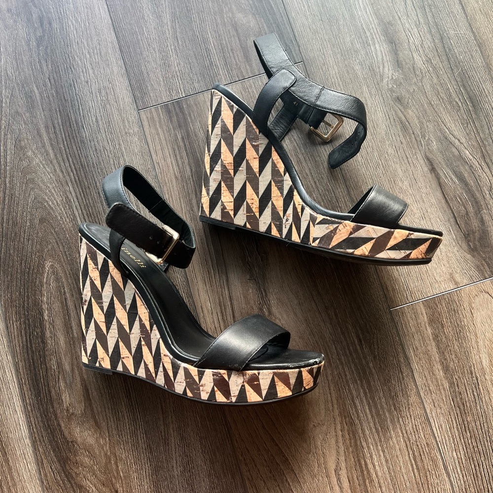 Minelli Leather and Cork Wedge Heels, Size 41
